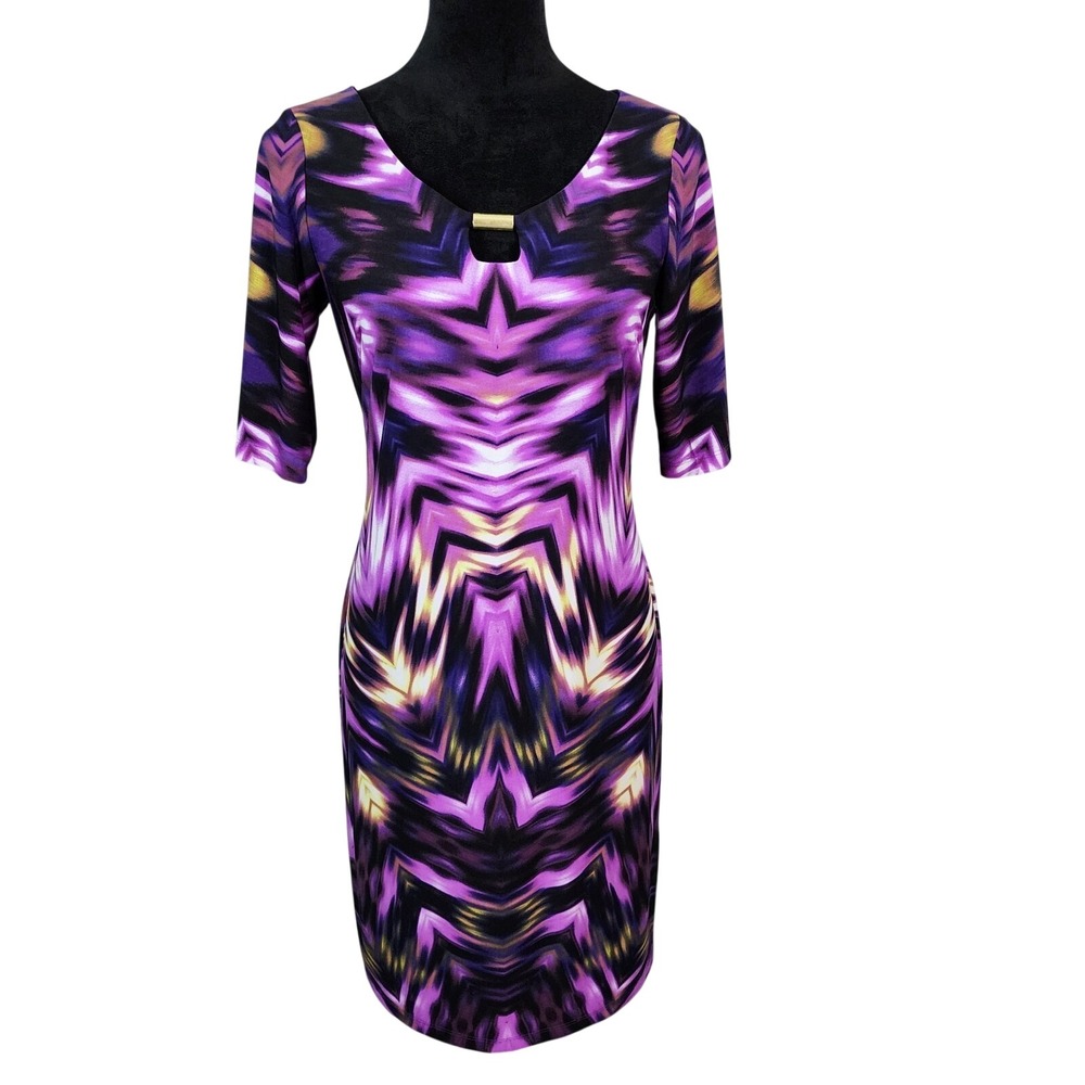 LONDON TIMES Size 4 Gold Accent Purple‎ Kaleidoscope Print Jersey Stretch Dress